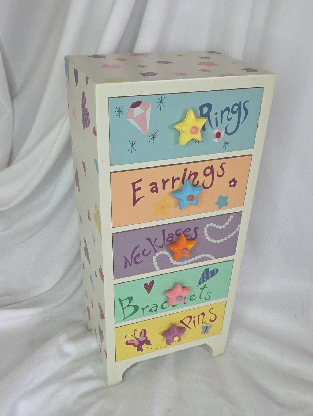 Vintage 2000 5 Drawer Wooden Jewelry Box Organizer Flower Heart Print Y2K